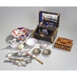 Mixed costume jewellery, to include brooches, necklaces, bangle, together with a set of six silver