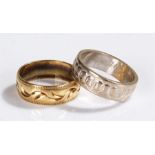 Two 18 carat gold wedding bands, with decorated, total weight 9.8 grams