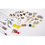 Collection of costume jewellery including: brooches, earrings, necklaces and four thimbles (qty)