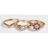 Three 9 carat gold rings, each with various stones, (3)