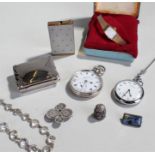 Mixed lot, to include a silver mounted butterfly brooch, two pocket watches, a wristwatch, a coin