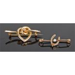 15 carat gold diamond set brooch, 40mm wide, together with a yellow metal horse shoe pearl brooch,