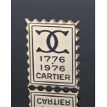 Cartier 18 carat gold stamp pendant, enamelled with a dual C 1776 1976 Cartier, the reverse signed