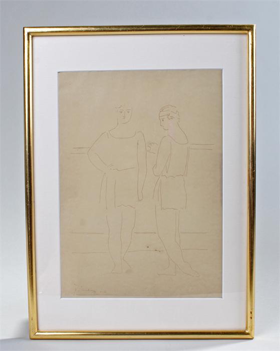 Pen and ink, Two ballerinas, bears the signature Picasso, 29cm x 21cm, See Christie's sale 3rd - Image 3 of 3