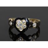 Victorian 15 carat gold diamond and enamel ring, the heart shaped head with enamel edge and