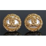 Pair of Chanel faux pearl and gold plated earrings, of circular form, the domed faux pearl