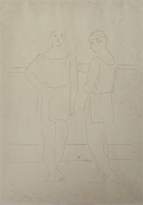 Pen and ink, Two ballerinas, bears the signature Picasso, 29cm x 21cm, See Christie's sale 3rd