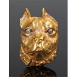 Charming 14 carat gold dog head brooch, the bull dog head with diamond set eyes, large collar to the