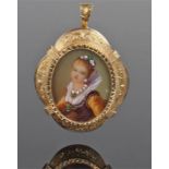 20th Century portrait miniature pendant, the central image of a female in 18th Century dress