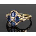 18 carat gold sapphire and diamond ring, the head with four sapphires and four diamonds, ring size