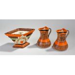 Myott & Son pottery to include two jugs and a flower vase painted in oranges and black, the jugs