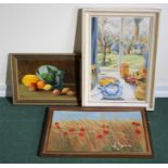 Three oil paintings to include: a still life of fruit and vegetables, a still life in front of a