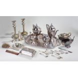 Silver plated wares, to include candlesticks, coffee pots, jug, sifter, cigarette box, coal scuttle,