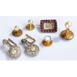 A collection of jewellery, to include: earrings, a Georgian mourning brooch, and shirt studs (qty)