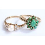 Two 9 carat gold rings, to include a pearl example and a turquoise example, (2)