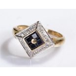 9 carat gold ring, the diamond shaped ring with sapphire and cubic stone set design