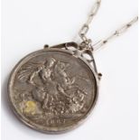 Victorian silver crown pendant necklace, the coin dated 1887