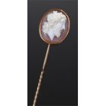 Victorian cameo stick pin, the cameo carved as a classical bust in profile, housed within a