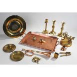 Assortment of copper and brass objects to include candlesticks, tray, a horn, horse figurine and