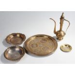 middle eastern brass pot with three dishes and a tray (qty)