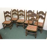 Set of six 17th Century Derbyshire style dining chairs, each with two arched splat backs on solid