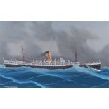 Early 20th gouache painting, RMS Orontes, the steam ship at sea, titled to the bottom left, She
