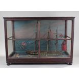 Early Victorian ship diorama, HMS Queen, the ship at sea with 64 guns, figures on the deck, a