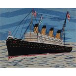 Early 20th Century sailors woolwork picture of The Titanic, housed within a maple frame, 54cm x