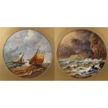 Pair of seascapes, depicting a ship in the distance near a rocky cliff, the second with fishing