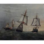 J Burrows, Ships in battle, Oil on board, signed lower left, 55cm x 45.5cm