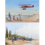 Kenneth Cooper, 20th Century, Bi-Plane flying over a beech, together with fishing vessels on a bank,