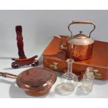 Mixed lot, to include a copper warming pan, a copper kettle, a leather suitcase, a Chinese plate