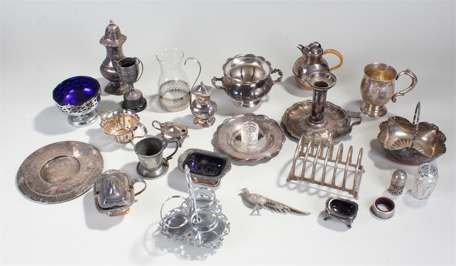 Silver plated wares to include jugs, candlestick, salts, etc, (qty)
