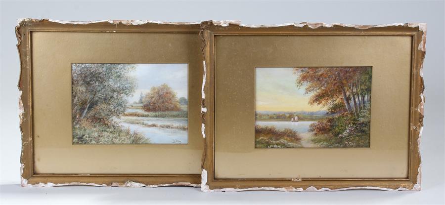 Two landscape watercolours depicting lake and river scenes.