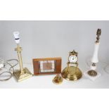 Two clocks, an alabaster lamp and another lamp, (4)