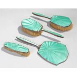 Silver and guilloche enamel dressing table set, green enamel, AF