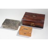 Victorian Rosewood work box, together with a foliate jewellery box and a money box, (3)