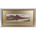 J Clifford , watercolour of a village scene viewed across a river signed J Clifford. in a glazed