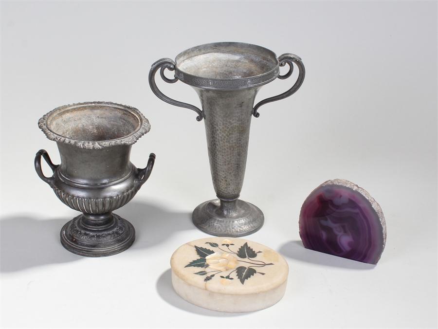 Pietra dura box together with two flower vases and a amethyst