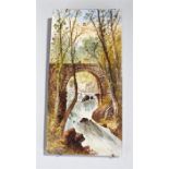 Rectangular tile showing a river scene with a bridge signed W Yale