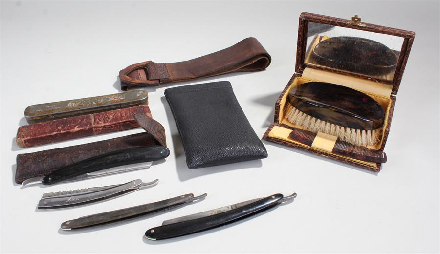 mix lot to include six cut throat razors and a strop, a brush set.etc