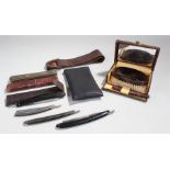 mix lot to include six cut throat razors and a strop, a brush set.etc