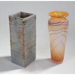 Two vases to include a studio pottery vase and an piece of art glass in orange with blue lines (2)