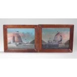 Two watercolours of Chinese junks in glazed oak frames