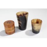 Two horn cups and a turned box, (3)