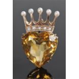 9 carat gold citrine and pearl coronet brooch, the pearl coronet above a heart shaped citrine,