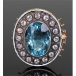 Large aquamarine and diamond set clasp, the aquamarine at approximately 14 carats surrounded by