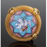 Victorian micromosaic brooch, the brooch with doves and a bow and arrow surrounded by a yellow metal