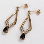 Pair of 9 carat gold sapphire set earrings, the triangular earrings with drop sapphires, 18mm