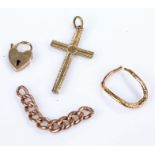 9 carat and yellow metal, to include a chain section, a cross, a padlock and a mount AF, total